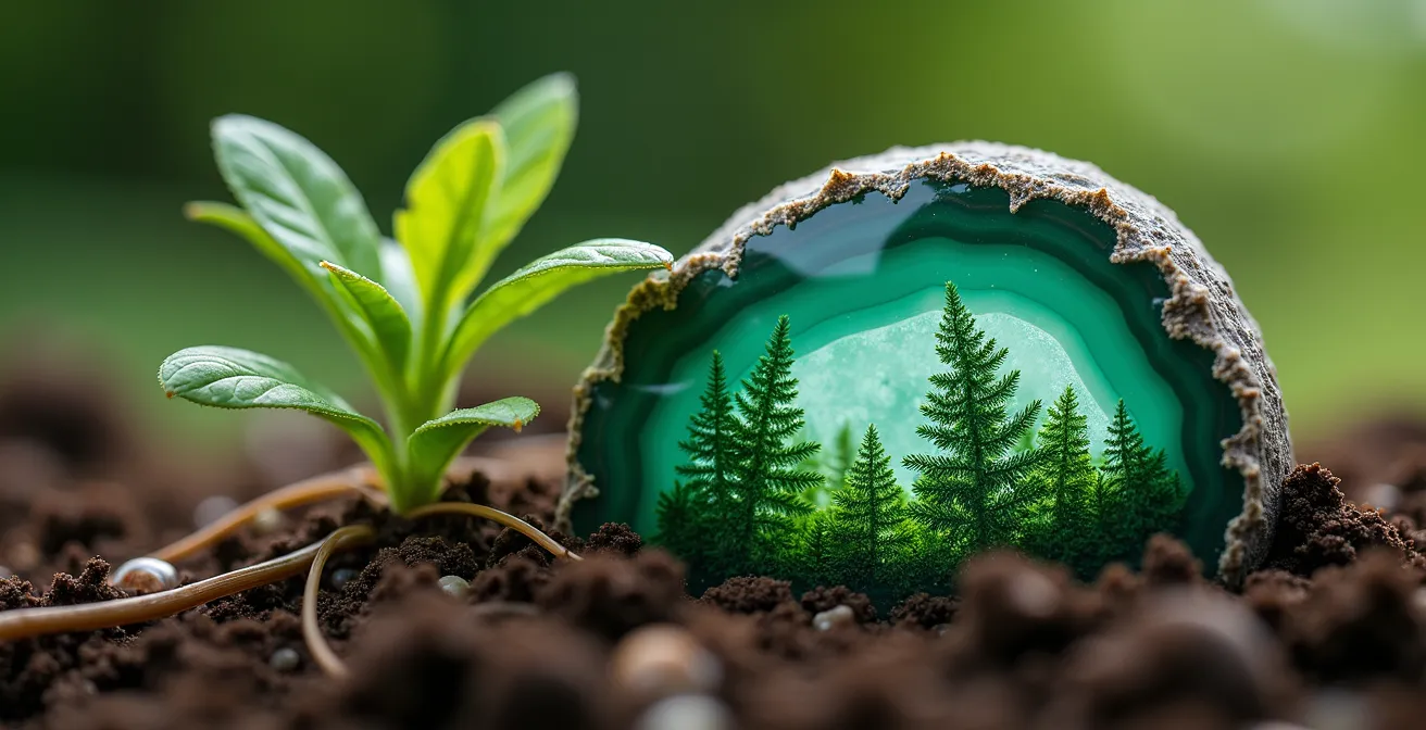 Agata muschiata disposta in griglia energetica intorno a una pianta d'appartamento