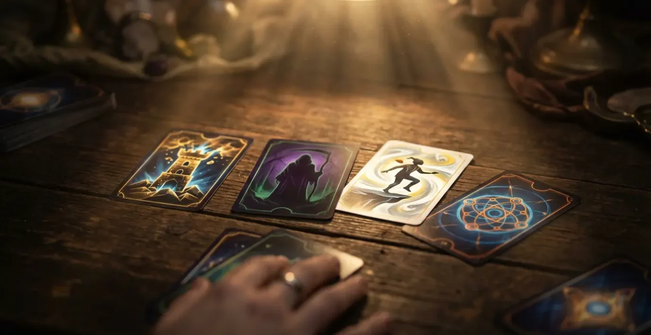 Stesa di tarocchi con arcani maggiori illuminati da luce dorata che emergono dal buio