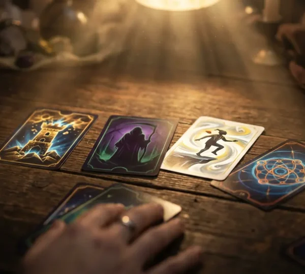 Stesa di tarocchi con arcani maggiori illuminati da luce dorata che emergono dal buio