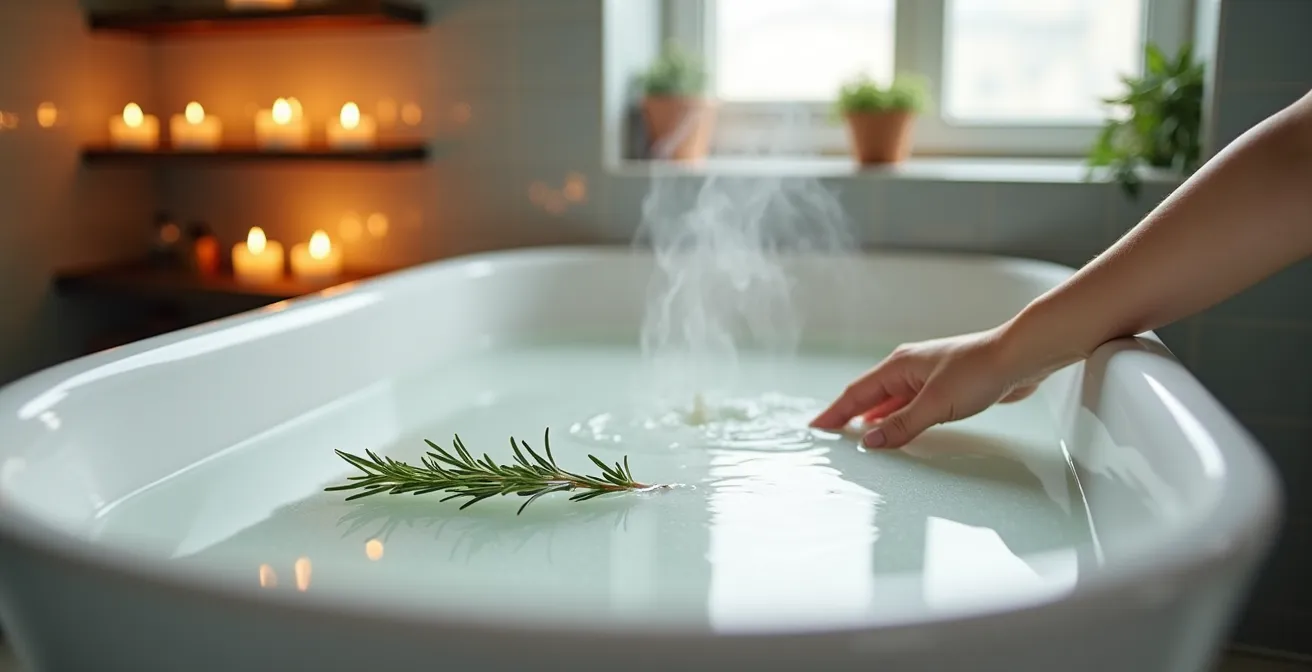 Piccolo bagno urbano trasformato in spazio sacro con vasca piena di acqua salata, rosmarino e luci soffuse
