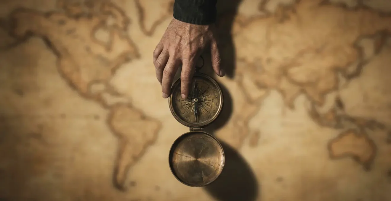Bussola antica su mappa sfocata, simbolo di orientamento personale