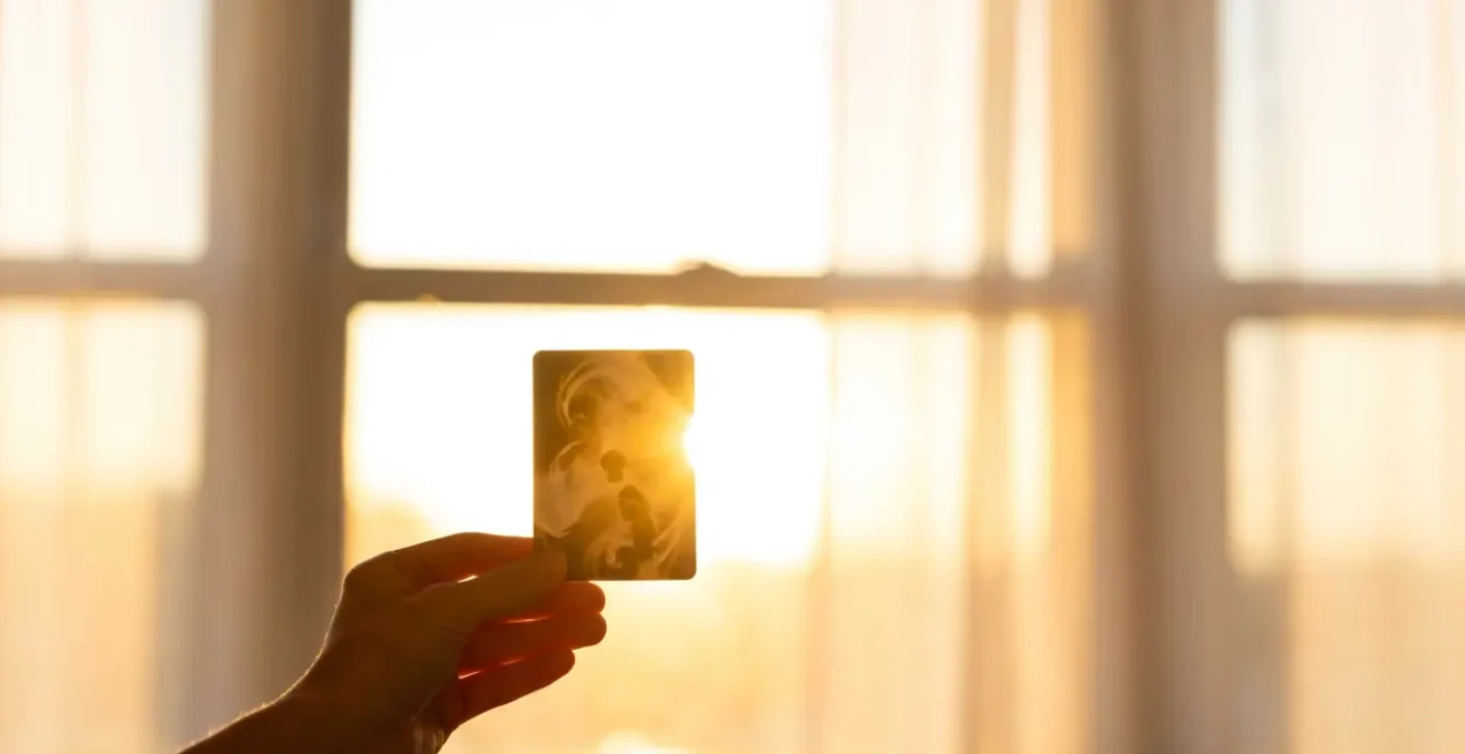 Mano che tiene delicatamente una carta oracolo con simboli astratti contro la luce dorata del tramonto