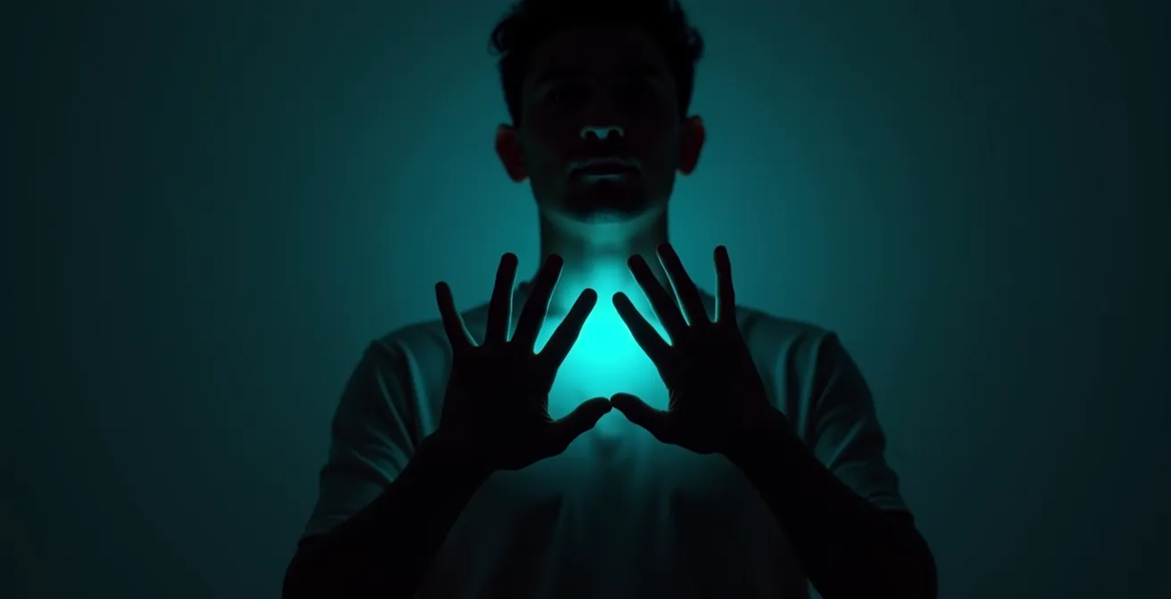 Visualizzazione della connessione energetica tra chakra della gola e mani