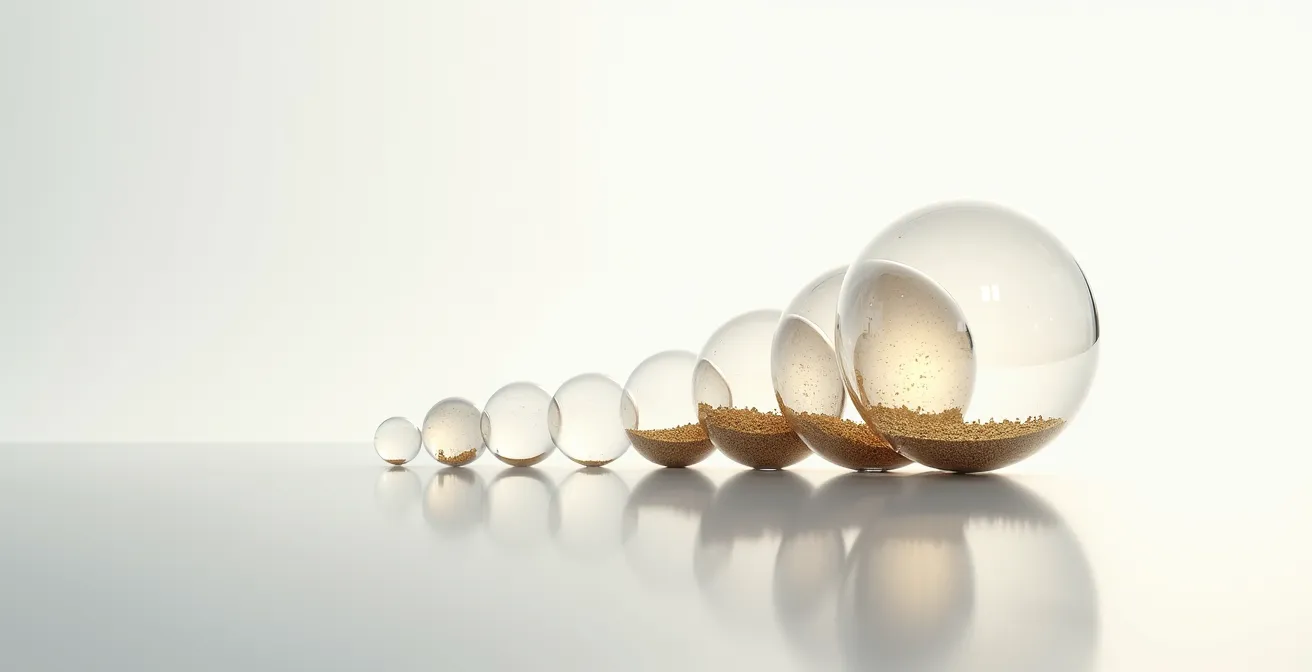 Matrioska trasparente con sfere concentriche che rappresentano i cicli di vita di 30 anni