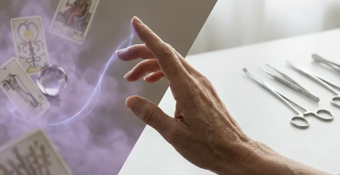 Mano che traccia un confine luminoso tra simboli mistici e strumenti medici