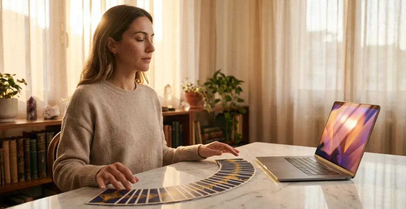 Donna in meditazione con laptop e carte dei tarocchi per consultazione di veggenza online