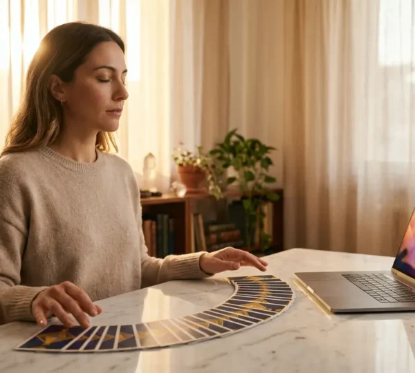 Donna in meditazione con laptop e carte dei tarocchi per consultazione di veggenza online