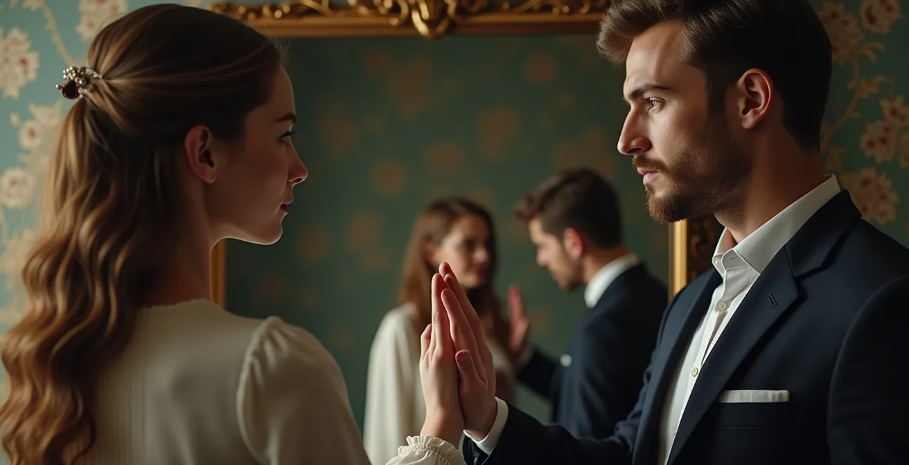 Due figure speculari che rappresentano l'Anima e il Destino in dialogo armonioso