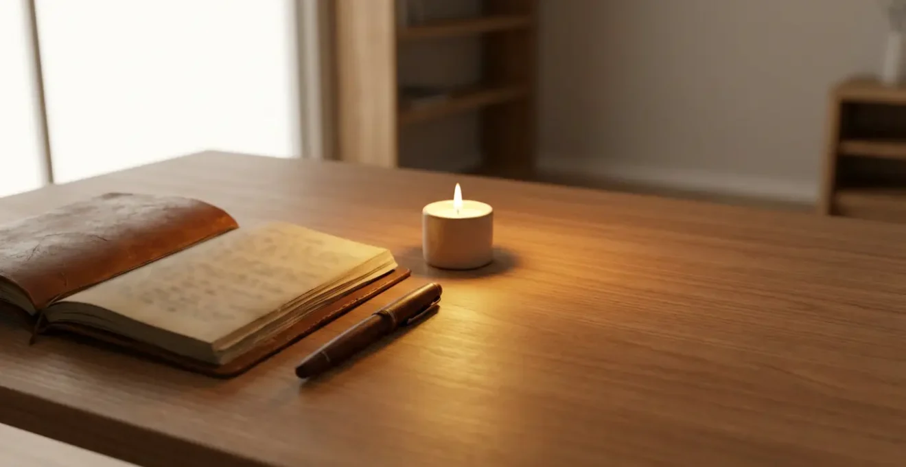 Diario aperto con pagine scritte e penna accanto, in atmosfera intima