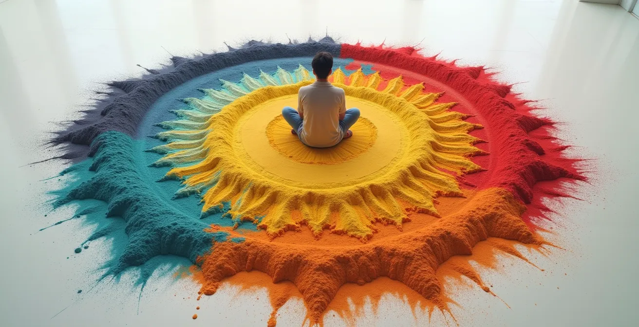 Vista aerea di persona seduta al centro di un cerchio di colori che rappresentano diverse emozioni