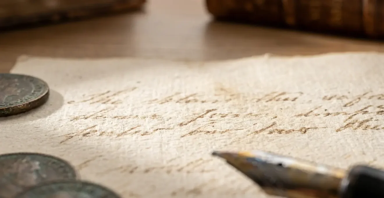 Foglio con domanda scritta a mano accanto a monete e libro antico su tavolo di legno