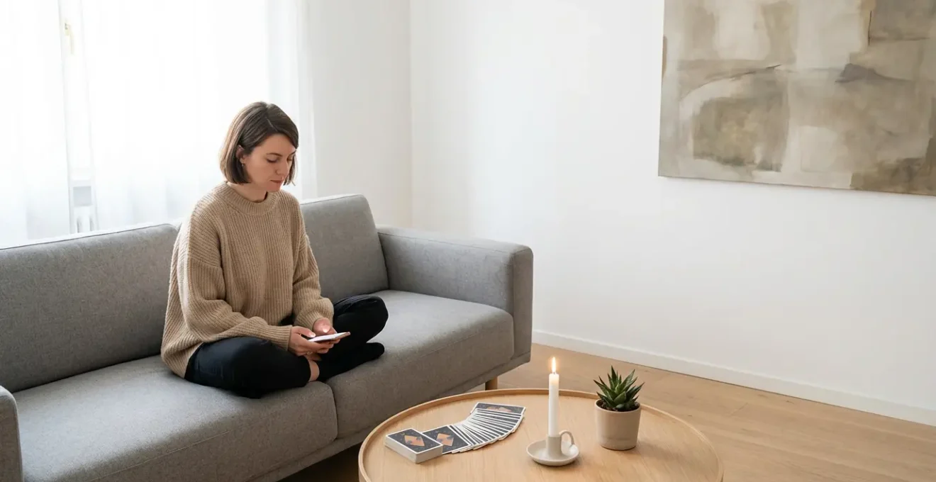 Donna che legge recensioni di cartomanti sul suo smartphone con carte tarocchi sullo sfondo