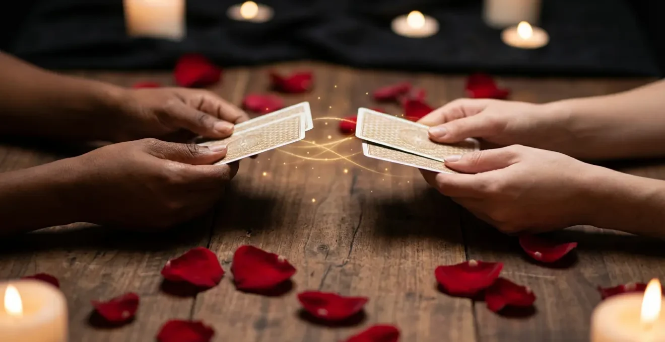 Due mani che tengono carte tarocchi con energia luminosa tra loro