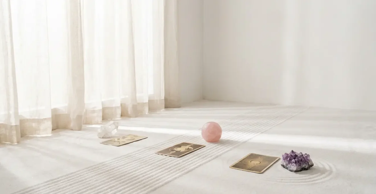 Composizione zen con cristalli e carte che rappresentano corpo mente e spirito