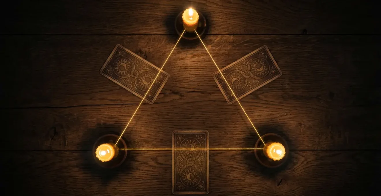 Triangolo di luce dorata che connette tre posizioni di carte in uno schema astrologico