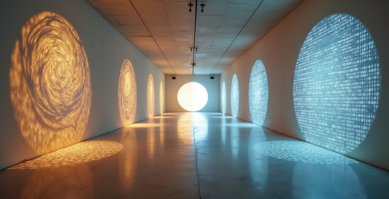 Composizione astratta che mostra figure geometriche binarie della geomanzia accanto a pattern digitali