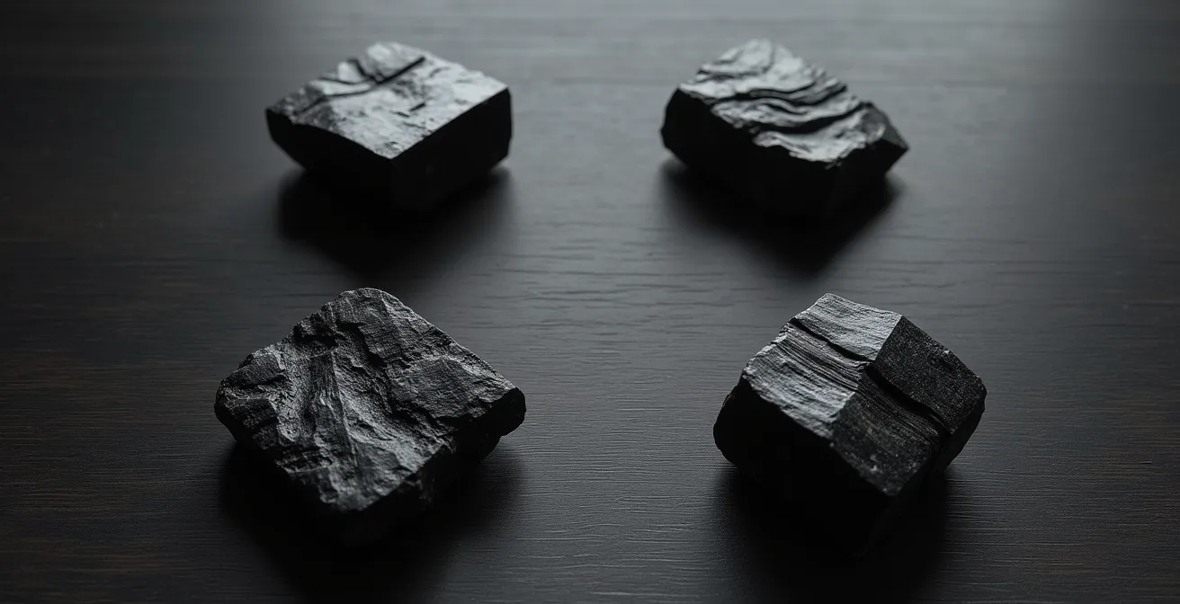 Disposizione geometrica di quattro tormaline nere intorno a un tavolo di lettura dei tarocchi