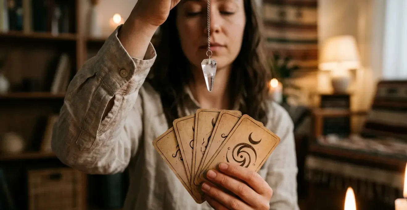 Mani che tengono carte dei tarocchi e pendolo cristallino in meditazione spirituale