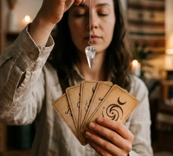 Mani che tengono carte dei tarocchi e pendolo cristallino in meditazione spirituale