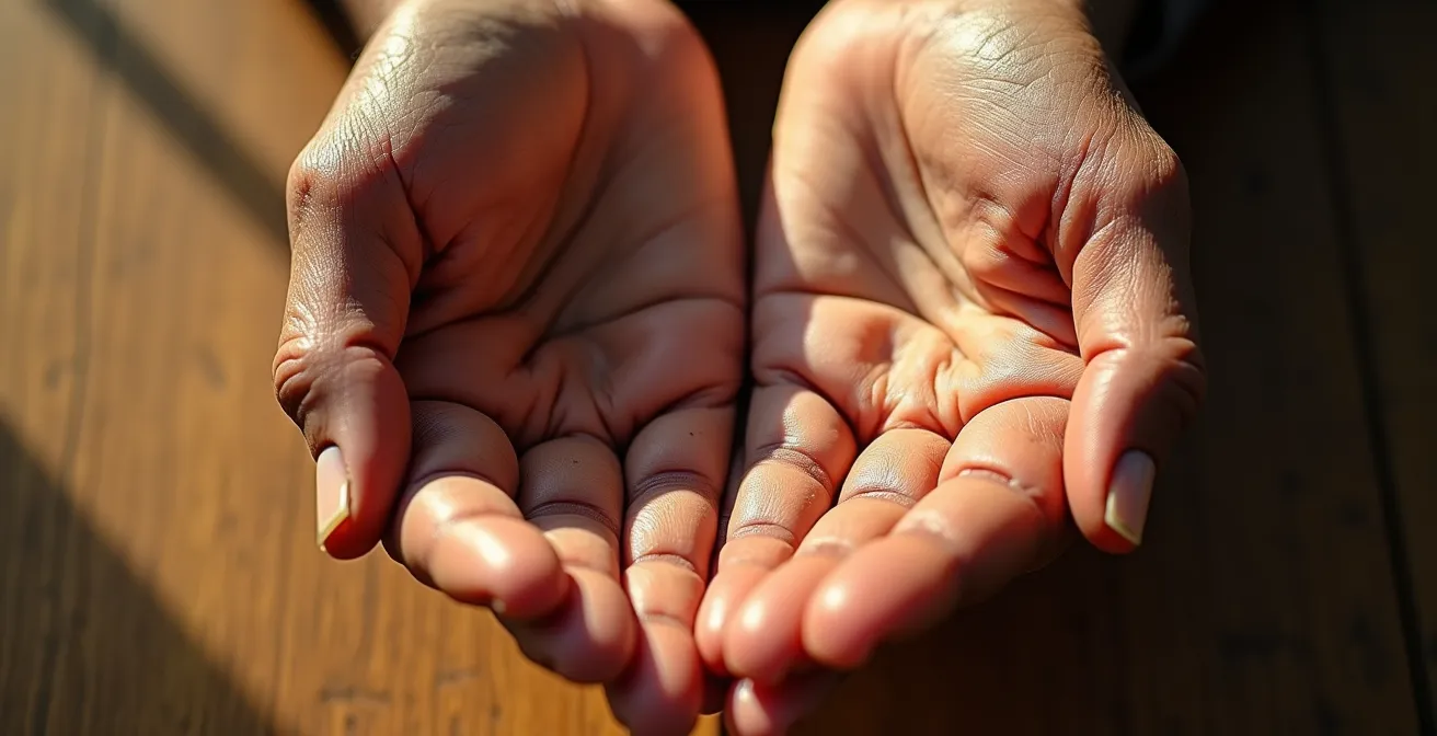 Dettaglio macro di una mano che mostra la linea della vita con simboli di trasformazione