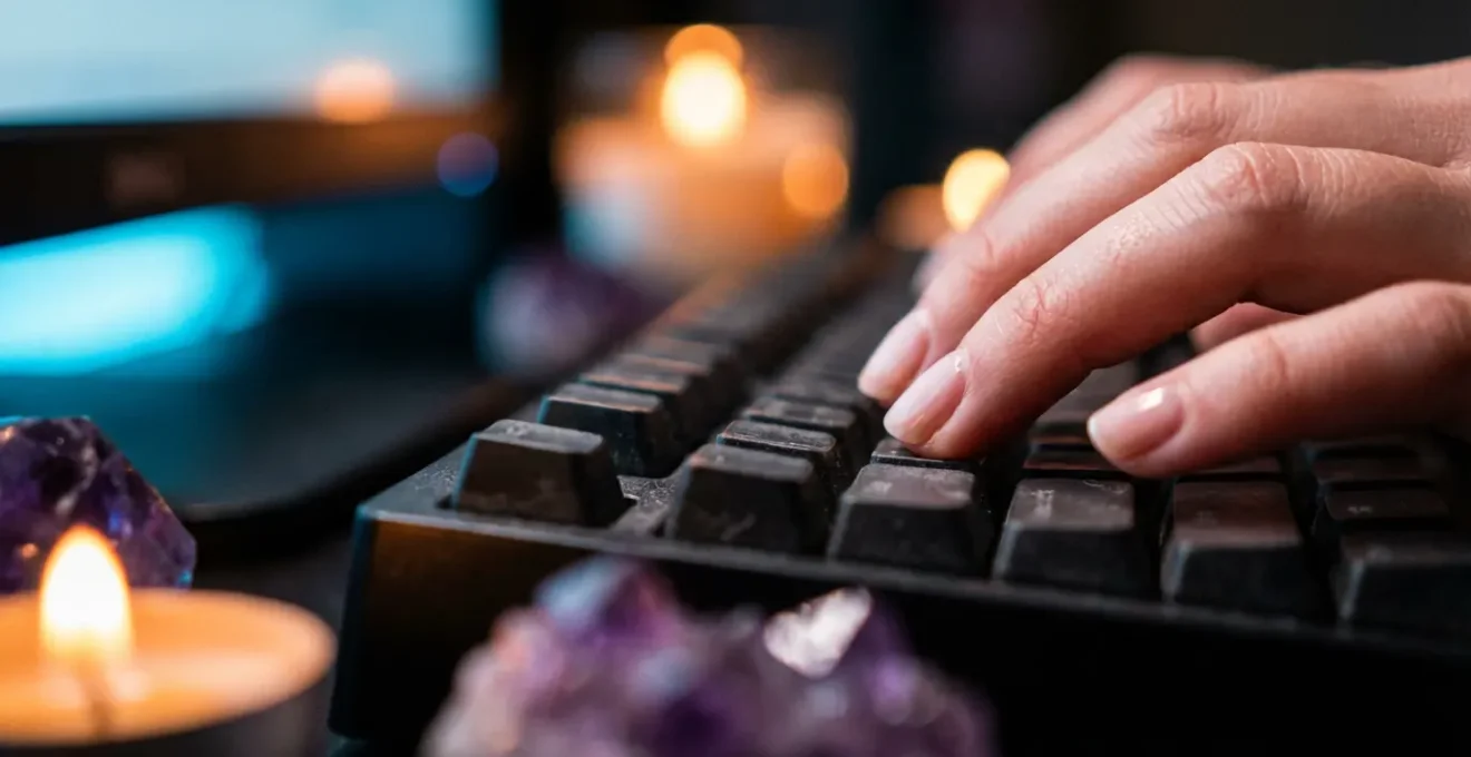 Mani che scrivono un'email di consultazione spirituale circondate da candele e cristalli