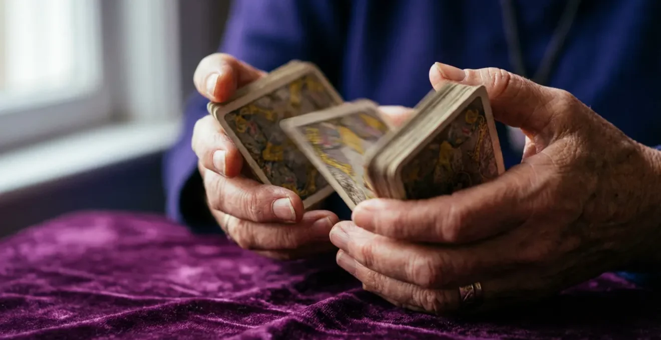 Mani che mescolano delicatamente un mazzo di tarocchi su un panno di velluto viola