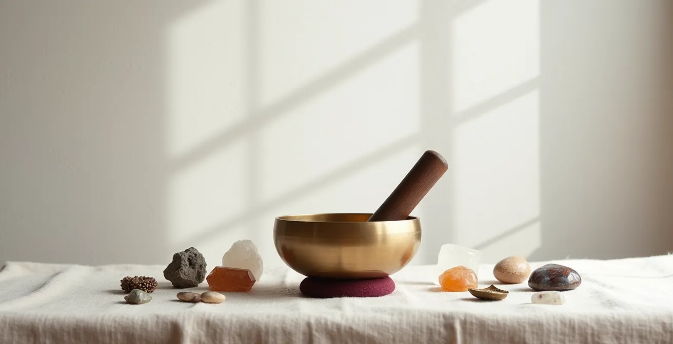 Campana tibetana con cristalli e talismani metallici disposti intorno durante rituale di purificazione sonora