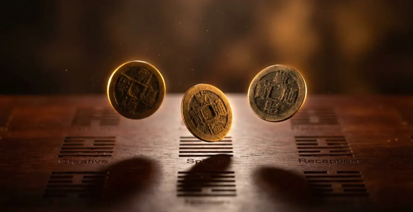 Tre monete antiche dorate sospese nell'aria sopra una superficie di legno scuro con esagrammi incisi