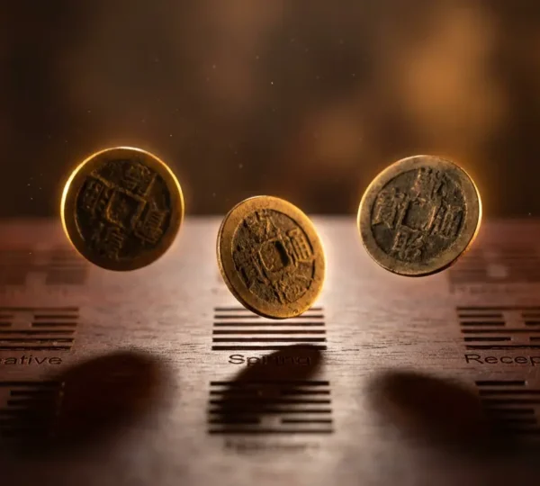 Tre monete antiche dorate sospese nell'aria sopra una superficie di legno scuro con esagrammi incisi