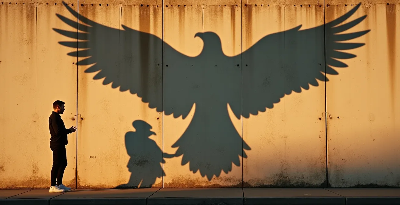 Ombra di una persona su un muro che si trasforma in forma di uccello rapace