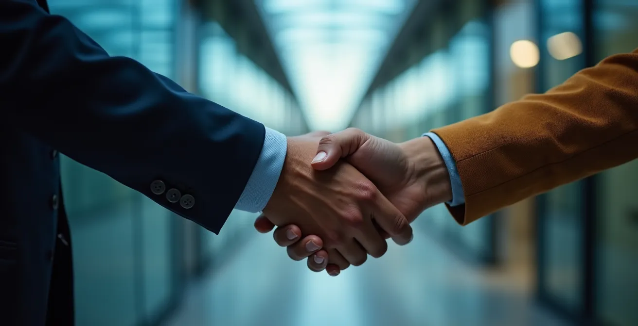 Due mani d'affari che si stringono formando un simbolo di equilibrio con luci e ombre complementari