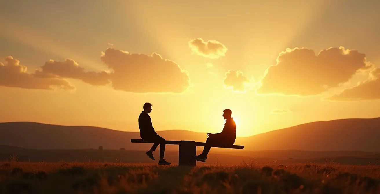 Due figure sedute su altalena in equilibrio perfetto al tramonto