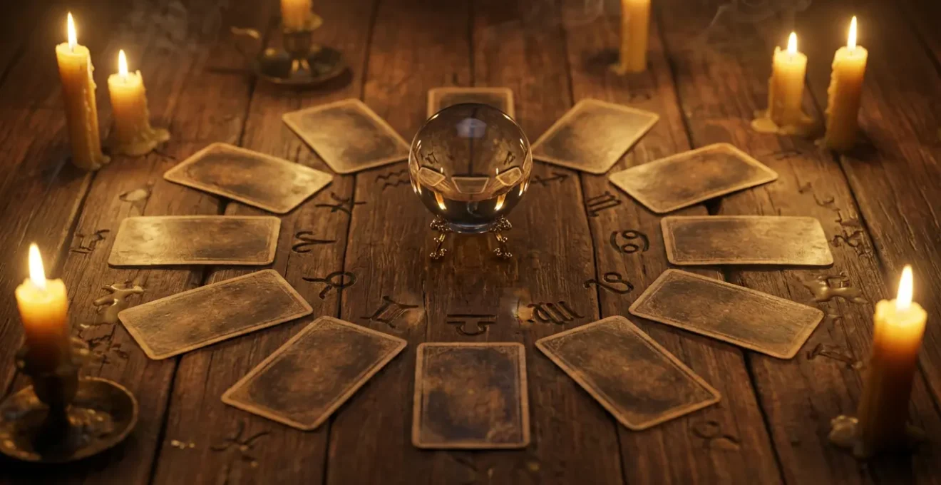 Disposizione circolare di carte dei tarocchi illuminate da candele con simboli astrologici