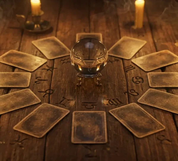 Disposizione circolare di carte dei tarocchi illuminate da candele con simboli astrologici