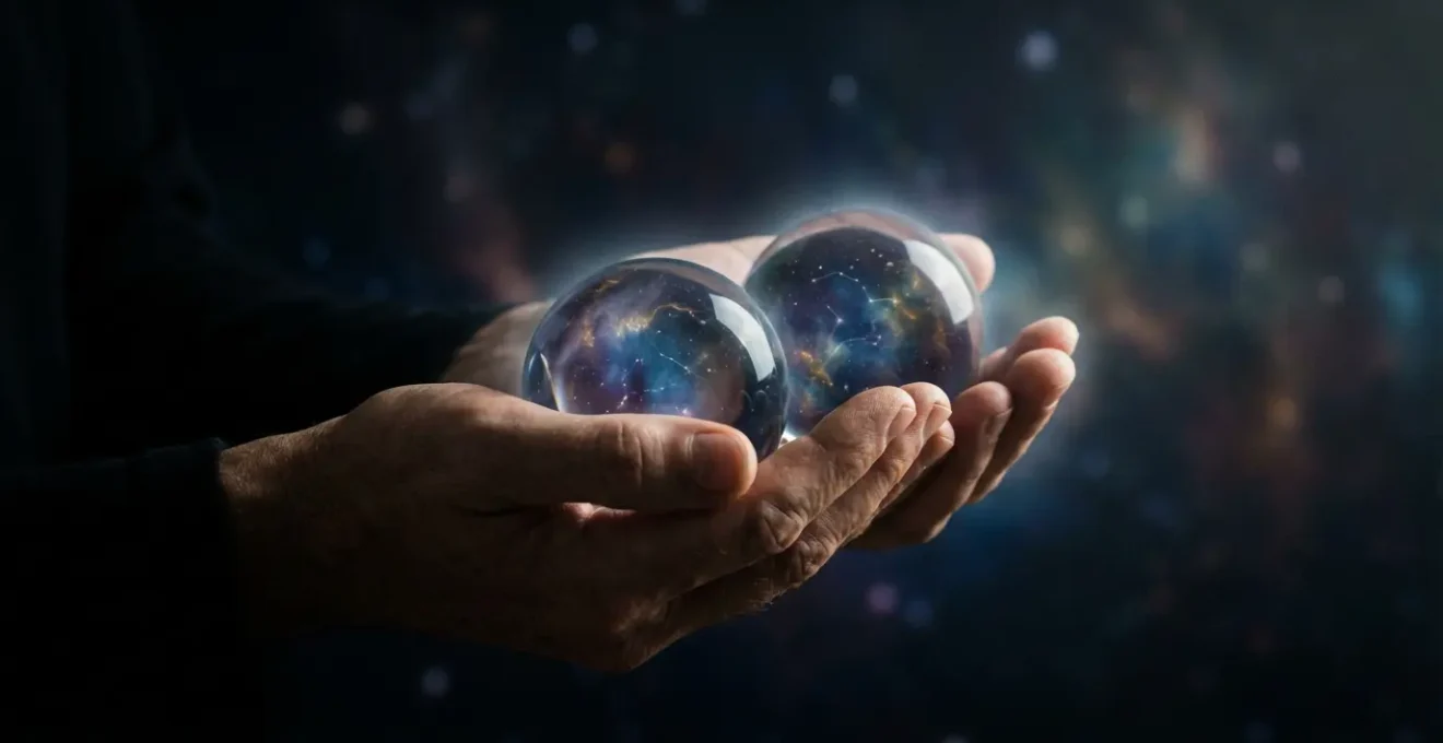 Mani che manipolano sfere di luce rappresentando le scelte e il destino