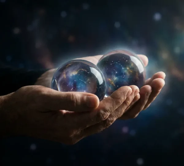 Mani che manipolano sfere di luce rappresentando le scelte e il destino