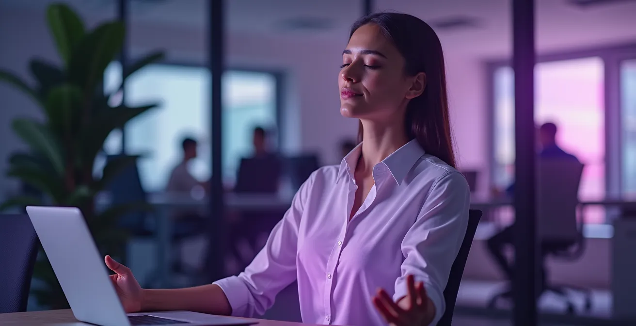Persona in ufficio con occhi chiusi circondata da un'aura di luce viola sottile