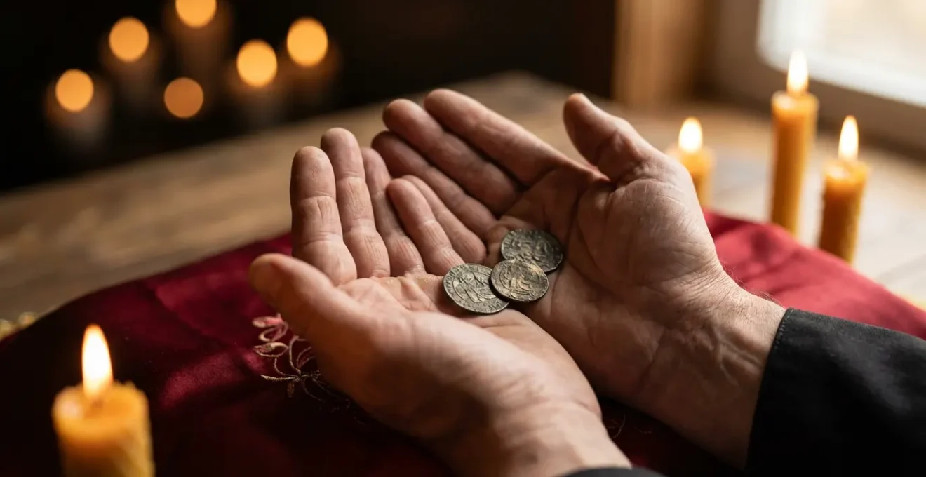 Mani in posizione di preghiera che tengono tre monete sopra un tappeto rosso con candele