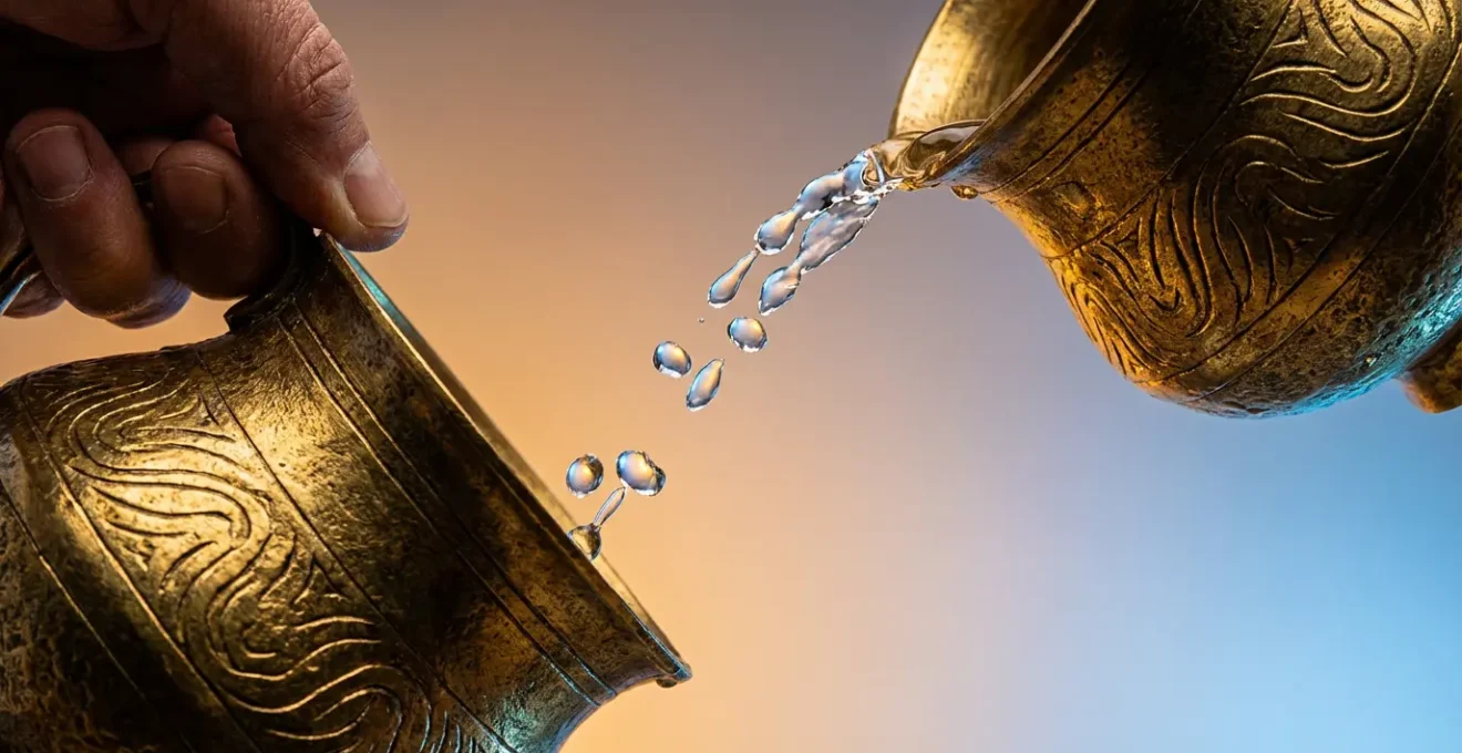 Mano che versa acqua tra due calici dorati simboleggiando temperanza ed equilibrio