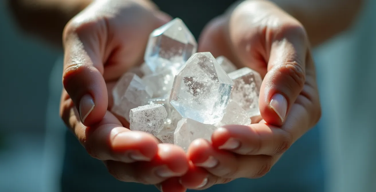 Mani che tengono delicatamente cristalli di quarzo con luce naturale che filtra attraverso