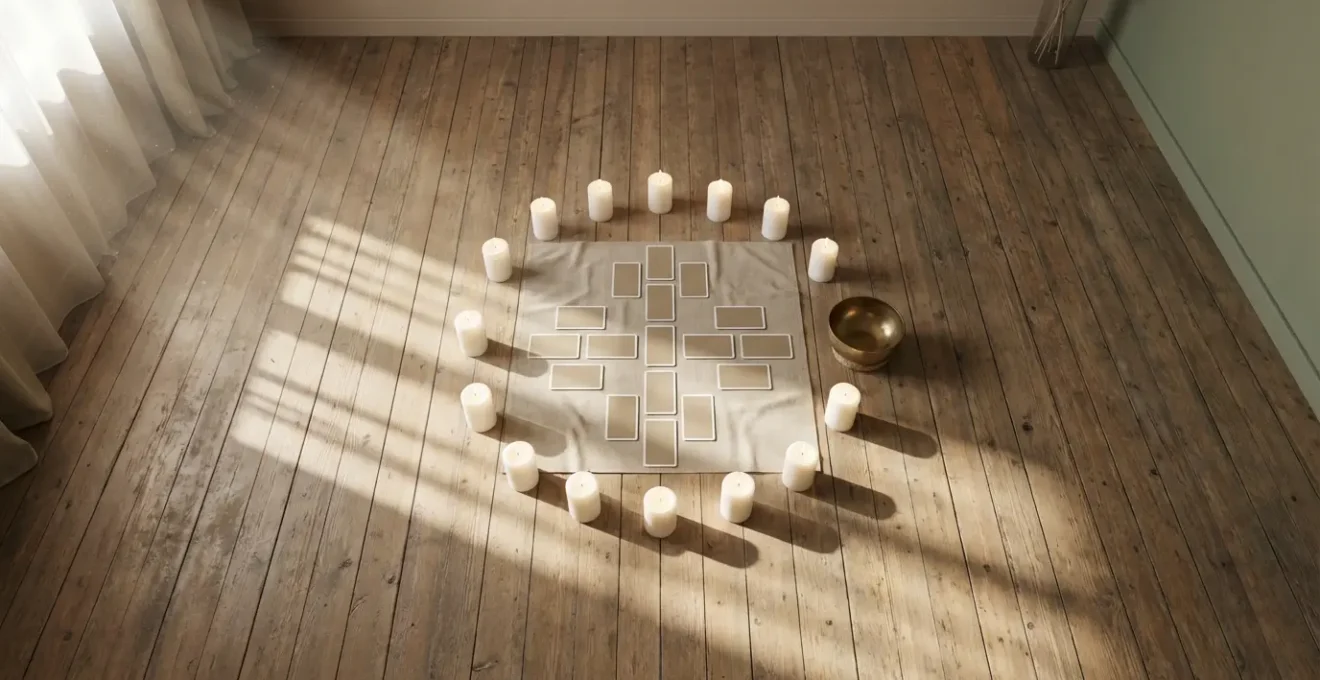 Vista dall'alto di uno spazio meditativo minimalista con candele e carte disposte in cerchio