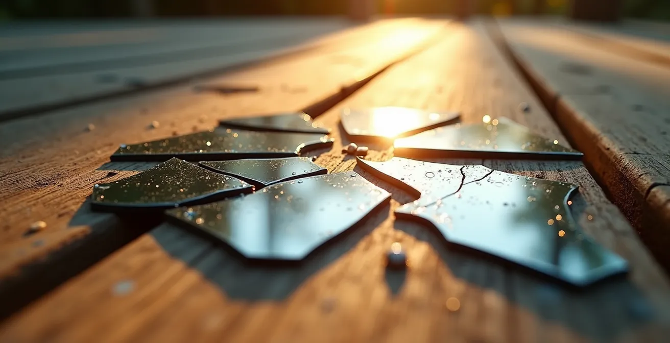 Frammenti di uno specchio rotto sul pavimento di legno con riflessi di luce che creano pattern geometrici