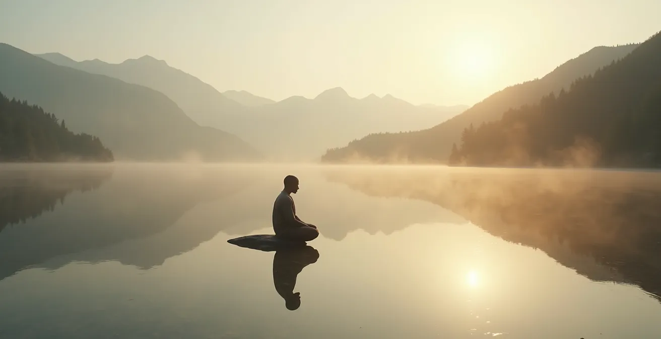 Una persona riflessa in uno specchio d'acqua calma che mostra una versione più saggia e serena di sé