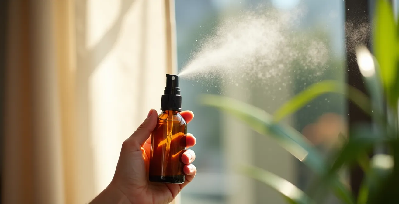 Mano che vaporizza uno spray agli oli essenziali su cuscini e tende in un appartamento luminoso