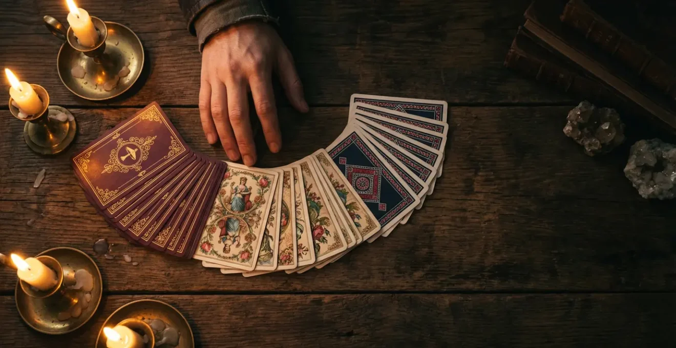 Tre mazzi di carte disposti in ventaglio su un tavolo antico di legno scuro con candele accese