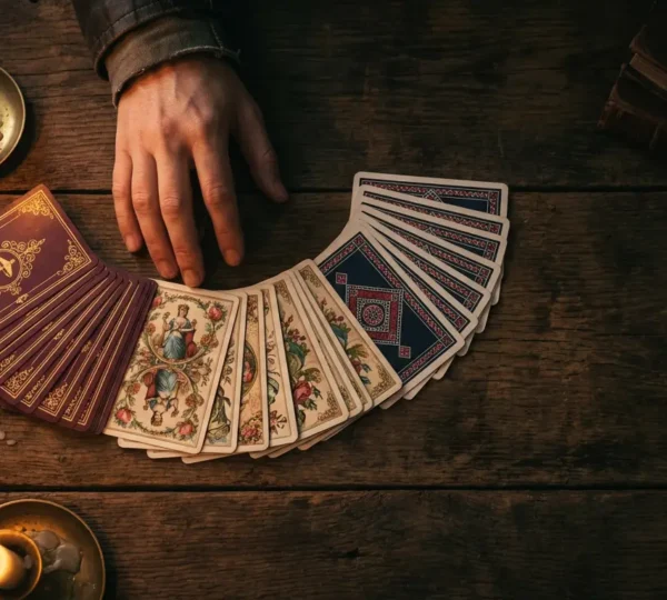 Tre mazzi di carte disposti in ventaglio su un tavolo antico di legno scuro con candele accese