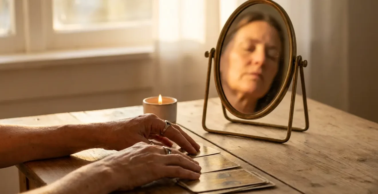 Mano che dispone carte dei tarocchi su tavolo con specchio che riflette il volto introspettivo del consultante
