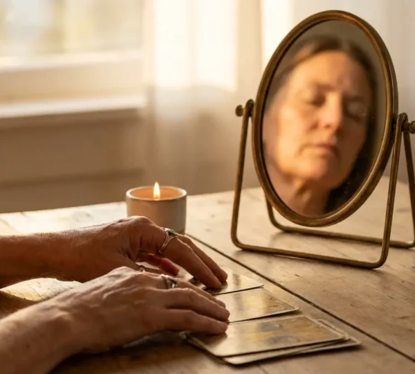 Mano che dispone carte dei tarocchi su tavolo con specchio che riflette il volto introspettivo del consultante