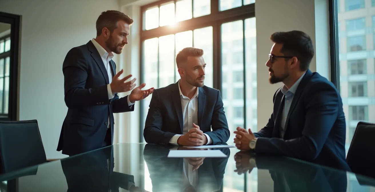 Tre professionisti in discussione strategica in ufficio moderno con luce naturale