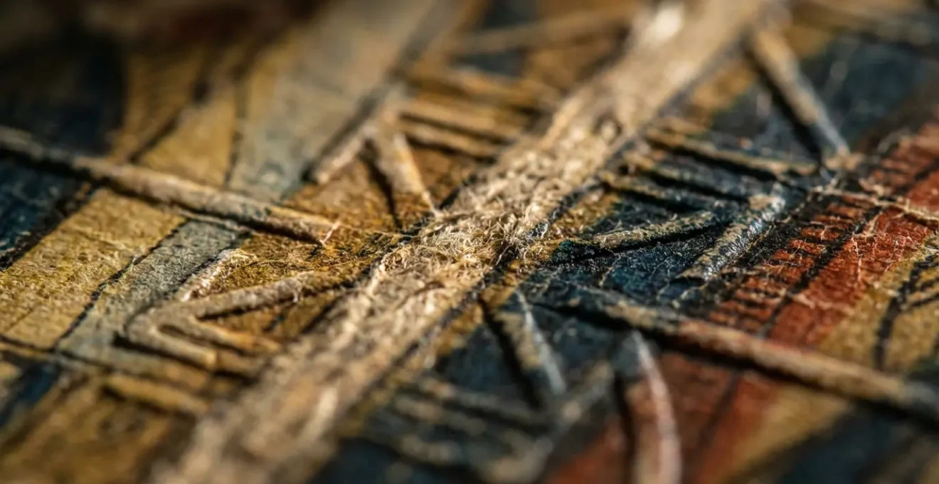 Primo piano macro di un dettaglio di carta dei tarocchi con texture e simboli sfocati